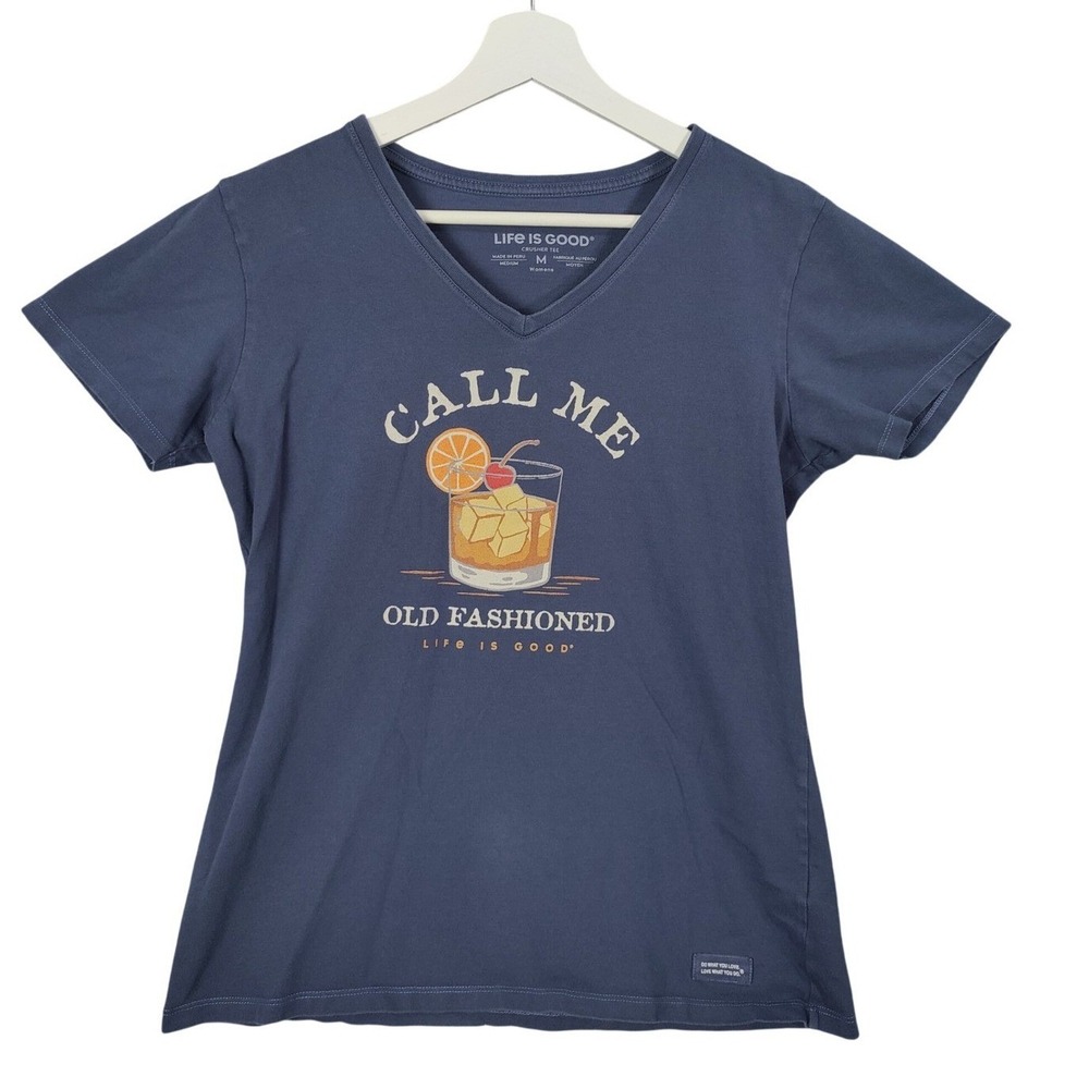 Life is Good Womens Retro Cocktail Crusher Tee M Blue Old Fashioned T-Shirt
